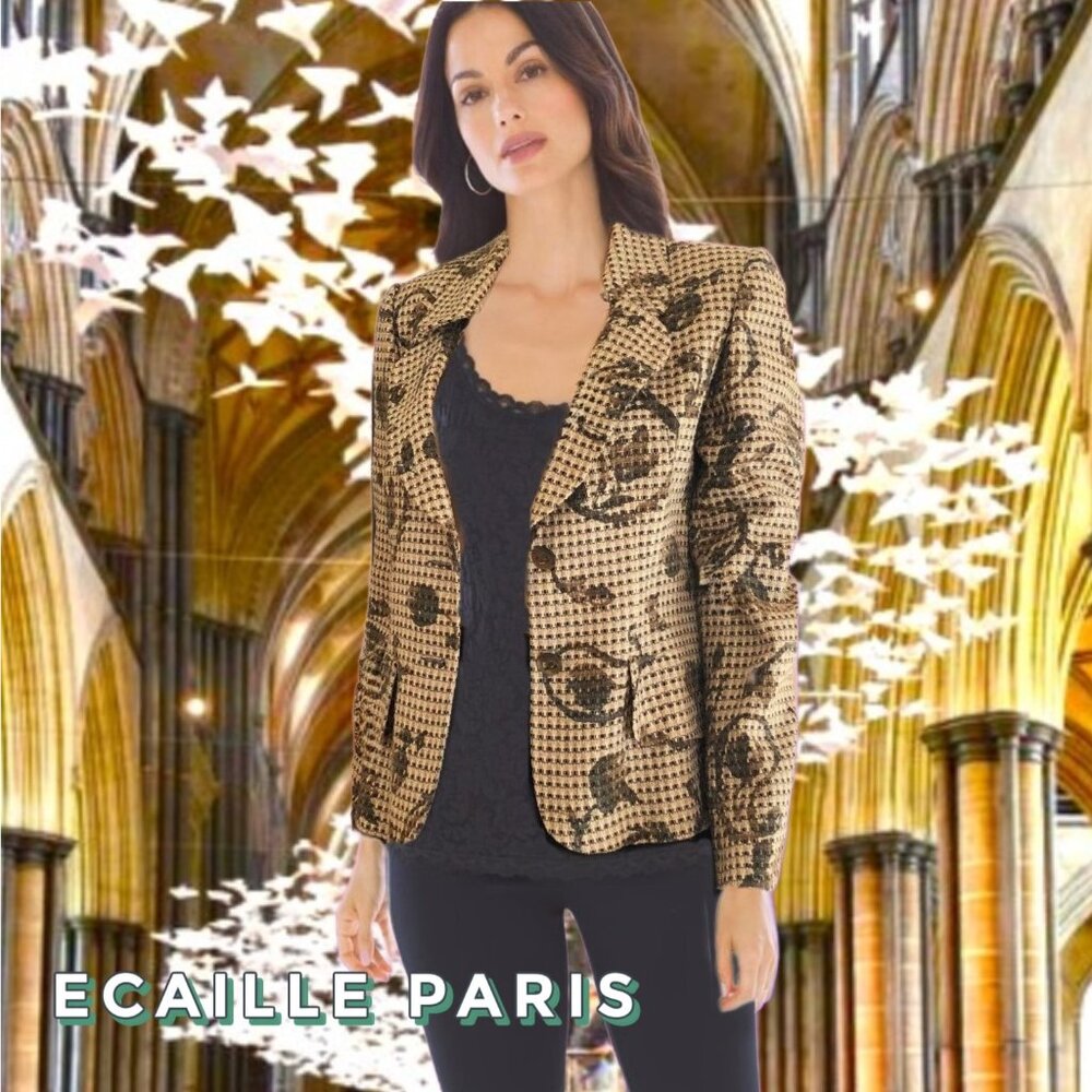 ECAILLE Paris Wool Blend Tweed Gold Thread Thread Excellent Cond Jacket Sz 10